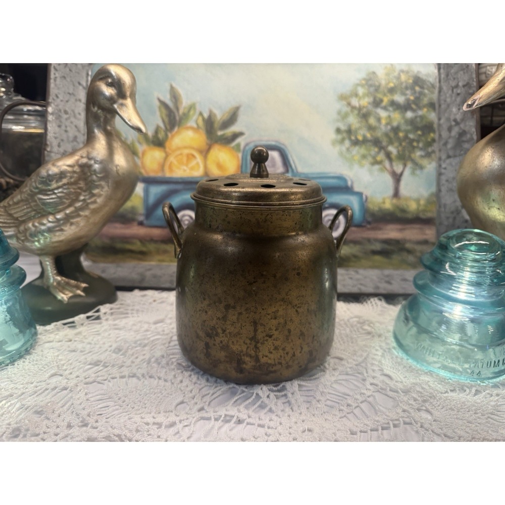 Vintage Brass Metal Simmer Pot Round Lidded